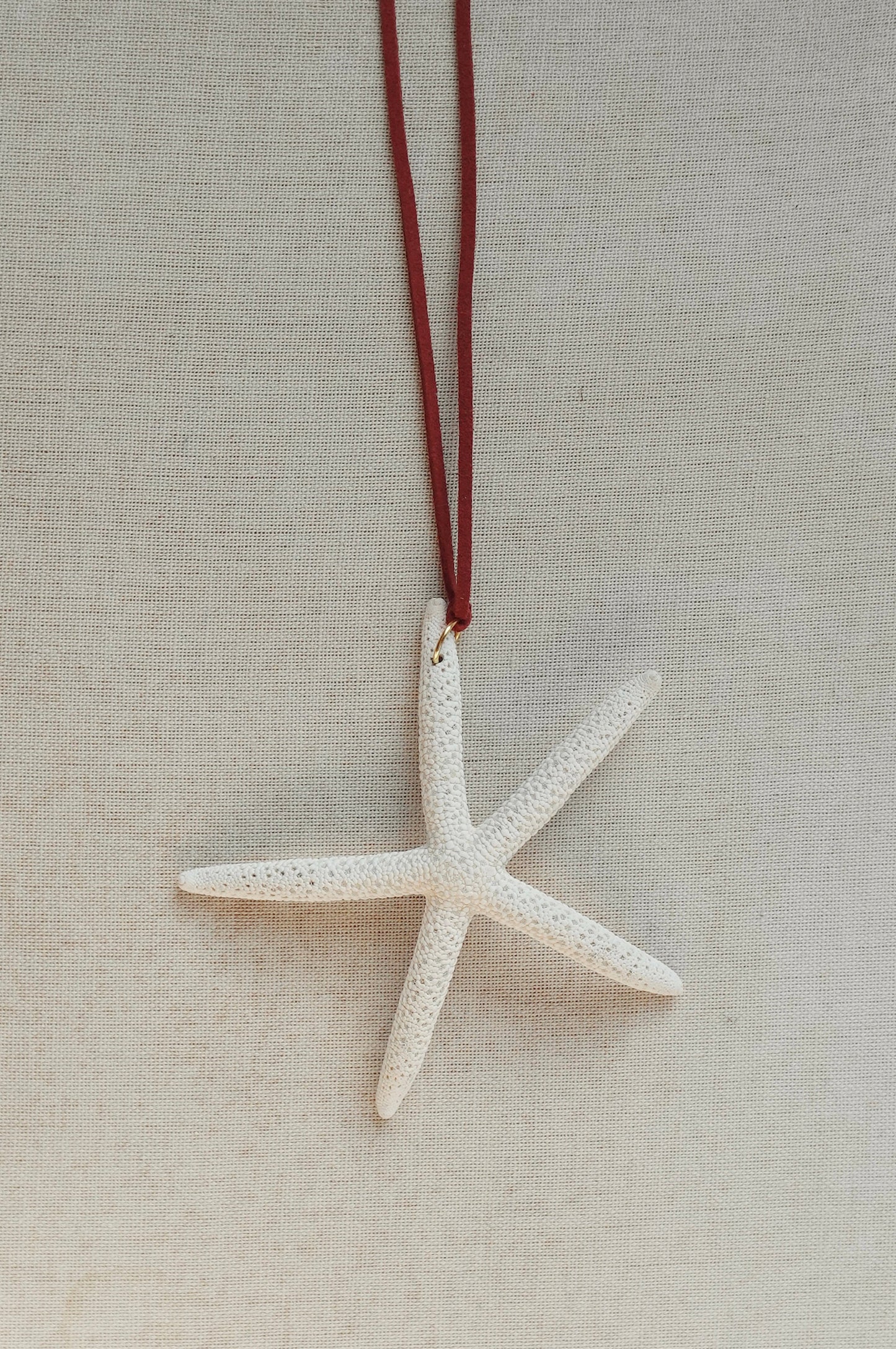 Starfish pendant on a red cord against a beige background