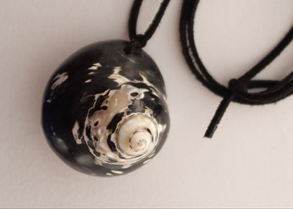 Black and white shell pendant on a black cord against a light gray background