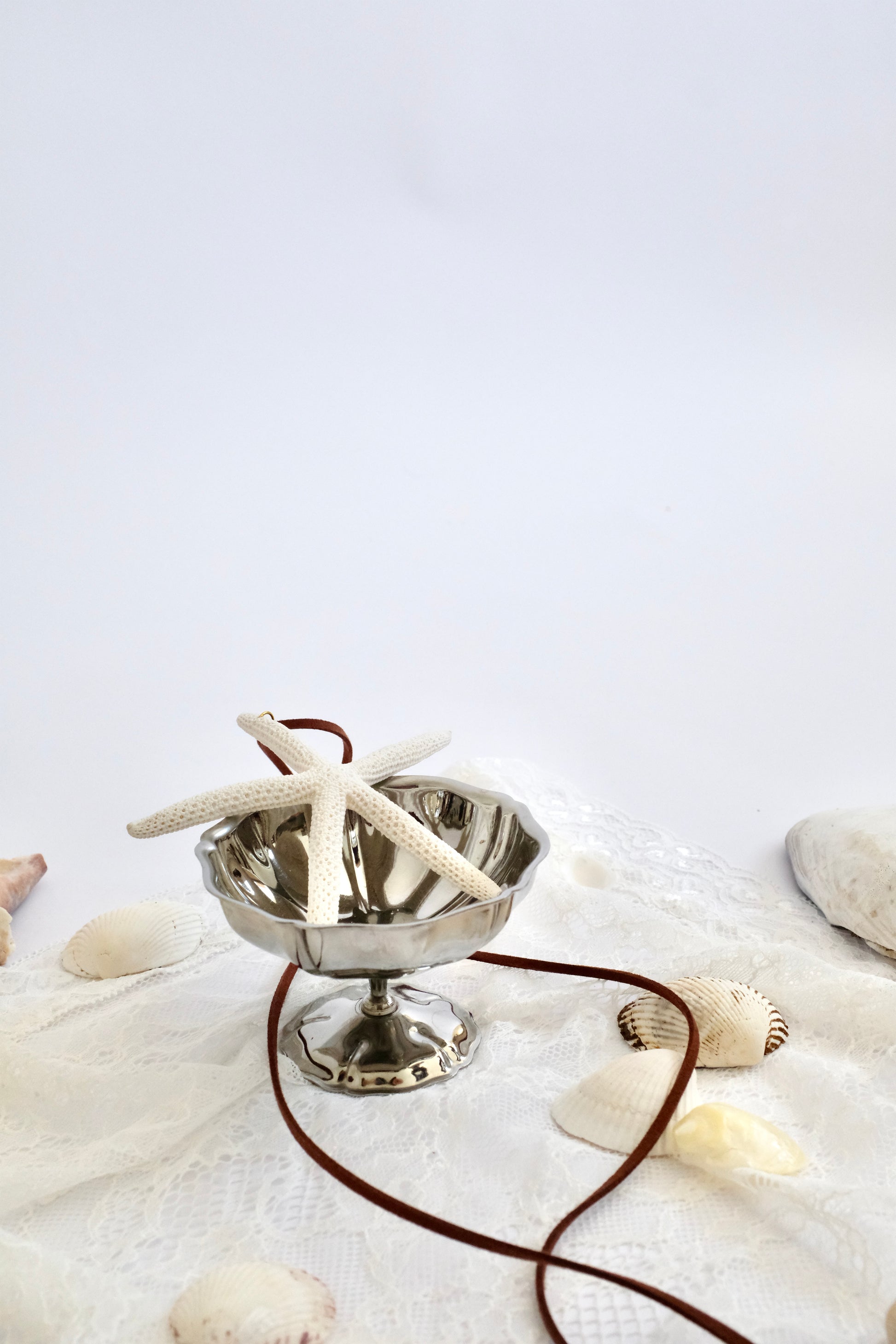 Silver bowl with starfish on a white surface with seashells