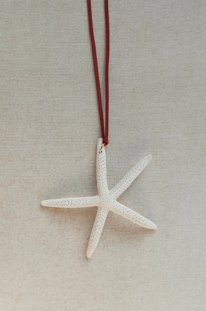 Starfish pendant on a red cord against a beige background